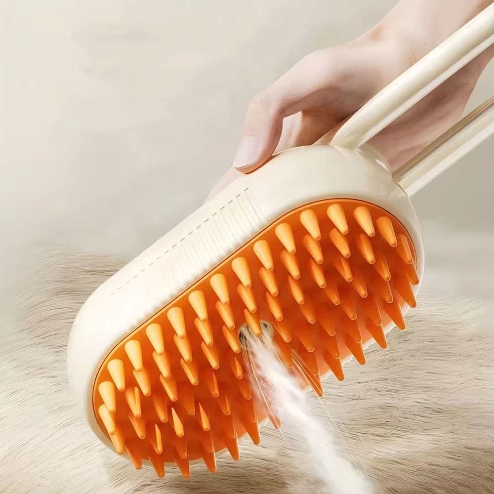 Multifunctional 3-In-1 ABS Soft Rubber Cat Grooming Steamer Brush Rotating Pet Hair Removal Spray Massage Comb Self-Cleaning