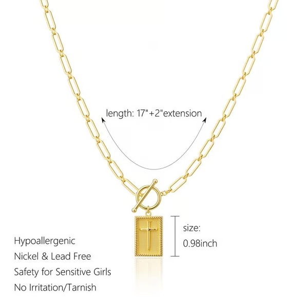 ✝️ Cross Pendant Paperclip Chain Necklace, 14K Gold & Silver Plated, Unisex, Waterproof and Sweat-Resistant, Fade-Proof