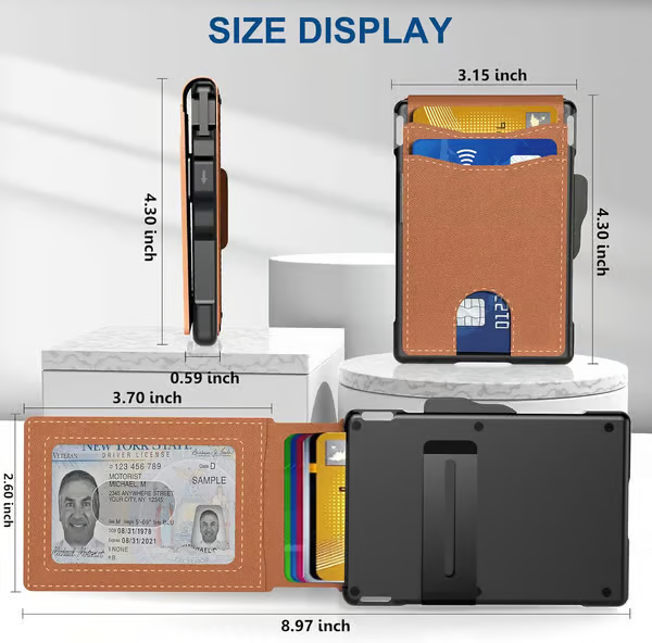 Wallet for Men - with Pop Up Aluminum Case Money Clip Slim Leather Slots Credit Card Holder RFID Blocking Bifold Minimalist Wallet
